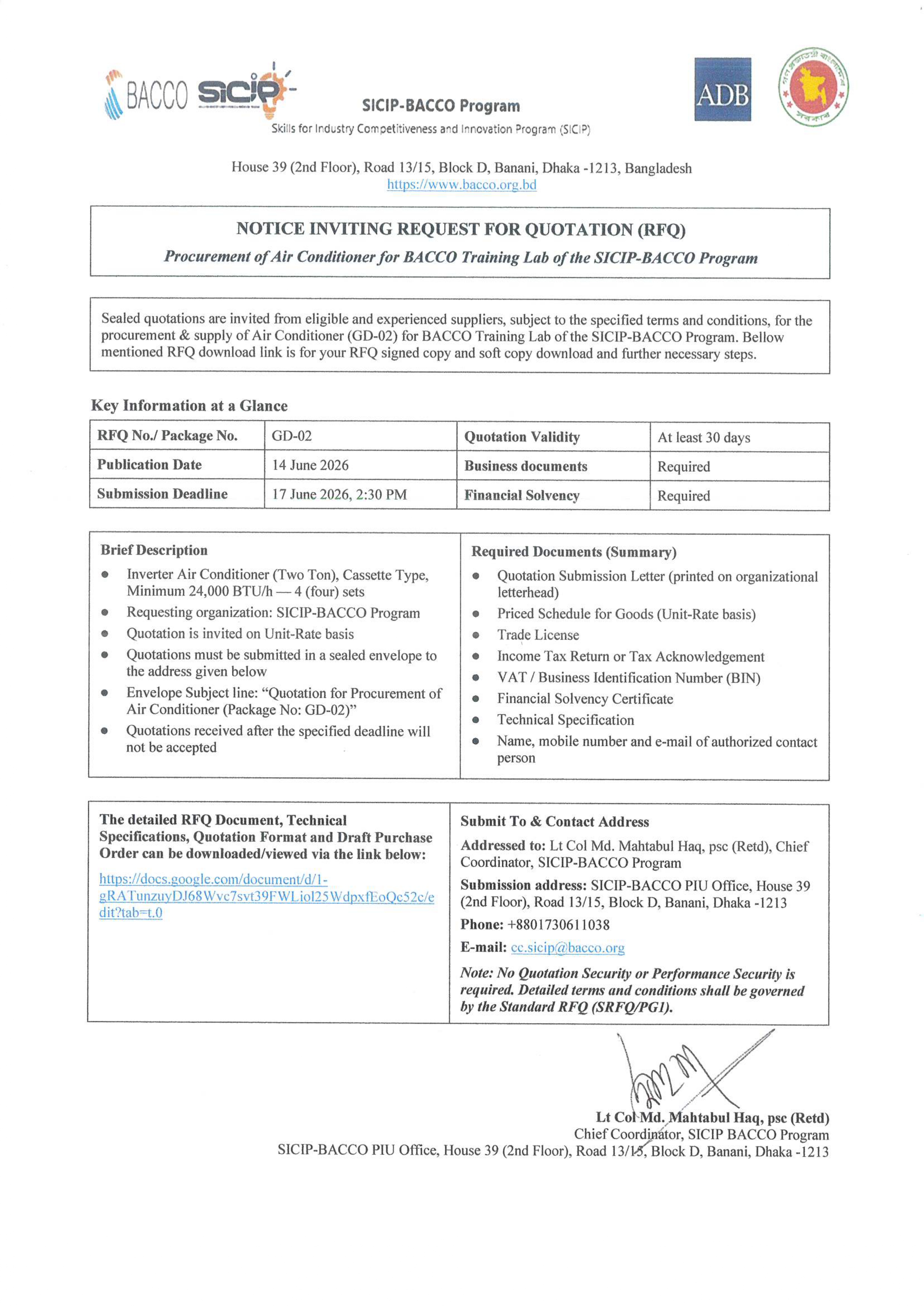 NOTICE INVITING REQUEST FOR QUOTATION (RFQ) Procurement of Air Conditioner for BACCO Training Lab of the SICIP-BACCO Program