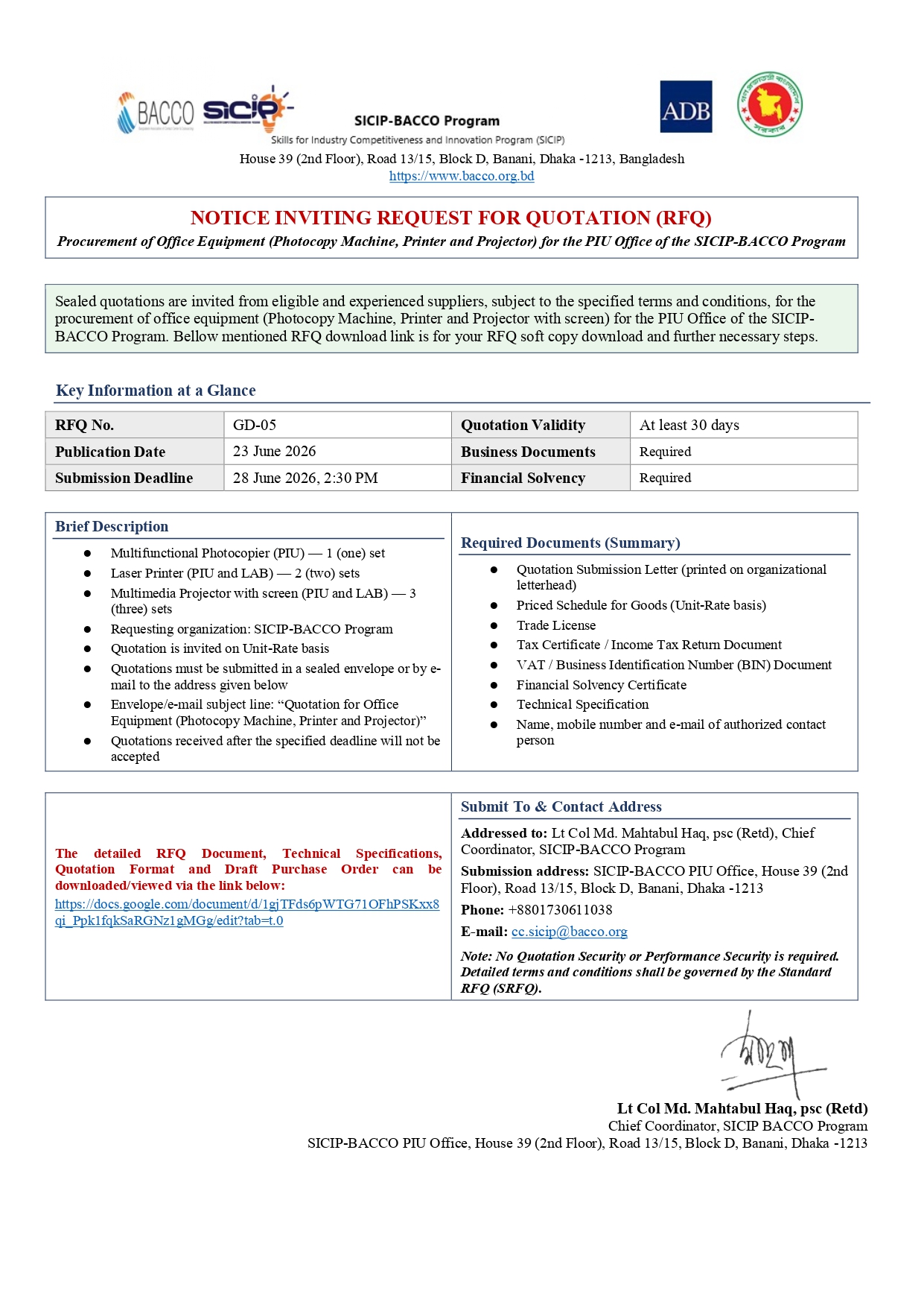 GD 5 NOTICE INVITING REQUEST FOR QUOTATION (RFQ)