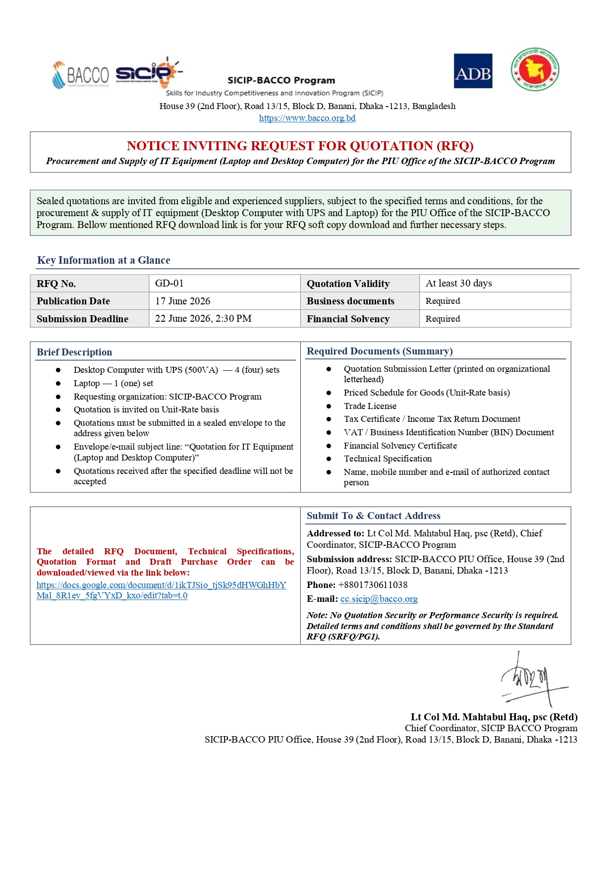 GD 1 NOTICE INVITING REQUEST FOR QUOTATION (RFQ)